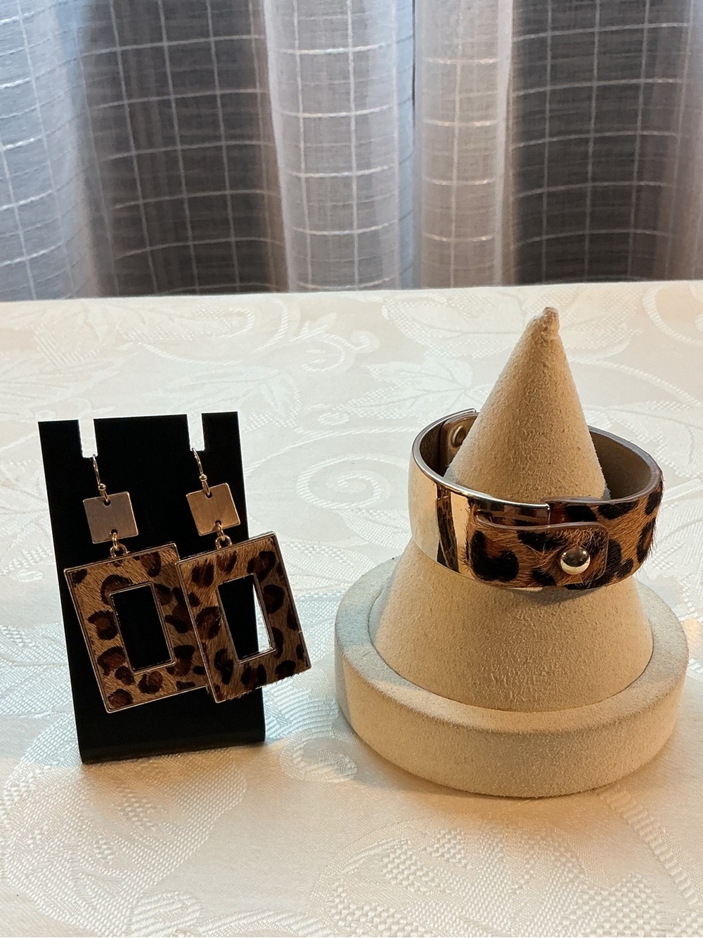 Leopard Print Calf Hair Cuff Bracelet and Drop Gold Tone Bracelet & Earrings Set